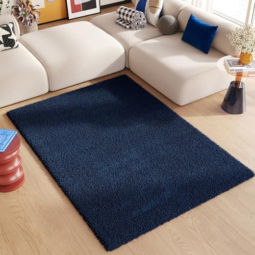 TAPISO Essence Teppich Hochflor Langflor Shaggy Dunkelblau Rechteckig Super Weich Felloptik Schlafzimmer Wohnzimmer ÖKO-TEX 200 x 300 cm