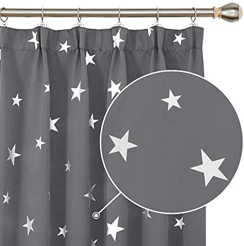 Deconovo Vorhang Thermovorhänge mit Sterne Gardine Kräuselband Speisezimmer, 229x132 cm(HöhexBreite), Hellgrau, 2er Set