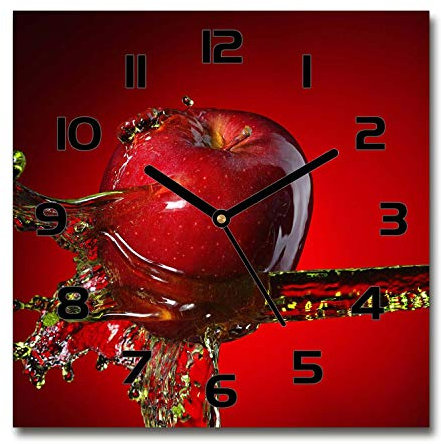 Tulup Glasuhr - 30x30cm - Schwarze Zeigern - Wanduhr Wandkunst Bild Gehärtetem Glas Uhr Echtglas Küche Wohnzimmer - Apfel und Wasser