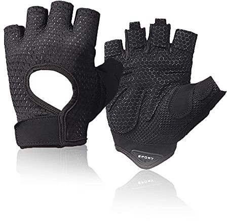 AXELENS Gym Fitness Handschuhe Damen für Yoga Fitness und Gymnastik Fingerlose Halb Finger, Rad Unisex Rutschfestes Atmungsaktiv und Leich SCHWARZ Größe L