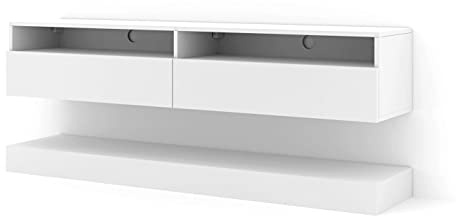 BIM Furniture TV Schrank Duo 160x33x10,6 cm mit Stauraum und offenen Regalen, Hängend Lowboard für Wohnzimmer (weiße Matte)