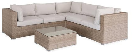 Alice's Garden Gartengarnitur aus Kunststoffrattan - Napoli - Beige, Beige meliert Kissen - 5 Plätze - 2 Sessel ohne Armlehnen, 3 Ecksessel, EIN Couchtisch