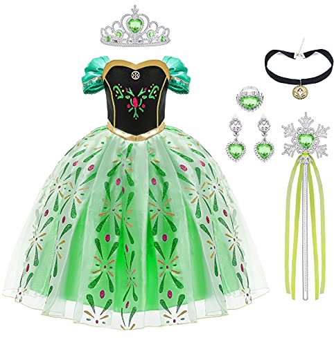 URAQT Niña Princesa Coronación Vestido, Disfraz con Varita Corona Accesorios, Vestido de Cosplay, Cumpleaños Fiesta Cosplay Carnaval Cosplay Halloween Traje, Talla 6-7 años, Verde