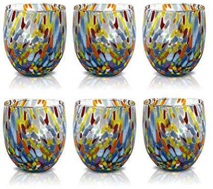 MAZZEGA ART & DESIGN - 6 Bicchieri da Acqua Classic in Vetro Soffiati e Lavorati a Mano con Murrine di Murano, linea “I Colori di Murano” 320 ml. Made in Italy (AZZURRO, 6)