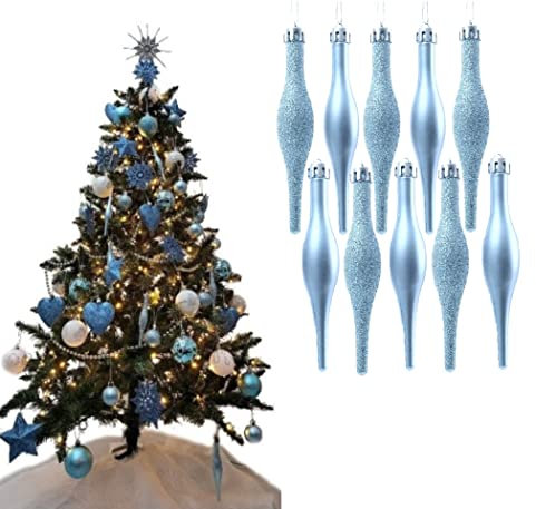 Simply Products 10 Droplet Baubles - Great Christmas Tree Decoration, Matte & Glitter Icicle Baubles (Ice Blue Glitter & Matte)