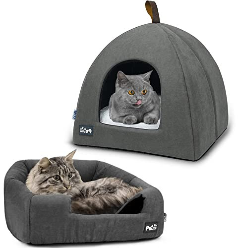 Bssowe Cueva Suave Gato, Casa para Gatos Interior, Cama Suave para Gatito y Perro Pequeño, Cama para Mascotas, con Cojín Extraíble, Utilizado para Gatos, Perros, Animales(33 x 33 x 32cm, Gris)