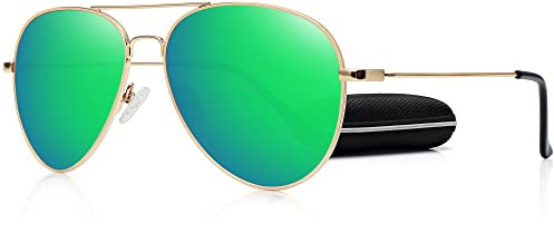 WOWSUN Classic Polarized Sonnenbrille für Damen Herren mit Etui (Grüne Linse goldener Rahmen)