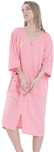 Ladies Zip Up Dressing Gown Womens Zipper Robe 3/4 Sleeve Nightdress Waffle Nightwear Unisex Loungewear Spa Bathrobe S-3XL Pink