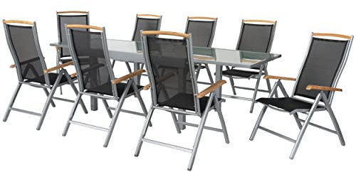 ib style® Diplomat Silber XXL Ausziehtisch 135-270 cm | Premium Gartengarnitur | Gartentisch mit Sicherheitsglas| inkl. 8 Klappstühle