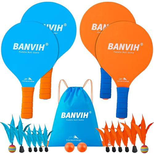 Banvih Badminton Set 4 Rackets - Beach Games & Yard Games for Adults and Family, Outdoor Games for Kids 8-12, Paddle Ball Set with Birdies, Lawn & Camping Games, Beach Toys for Summer Fun