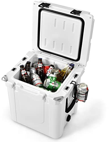 GYMAX 31L Kühlbox mit Griff, Outdoor Tragbare Thermobox mit 3 Getränkehalter & 2 Flaschenöffner, Gefrierbox mit Fisch Lineal, Schneidebrett & Korb, für Camping, Picknick, Angeln, Party, Weiß