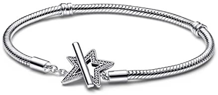 PANDORA Moments Asymmetrischer Stern T-Verschluss Schlangen-Gliederarmband aus Sterling Silber mit Cubic Zirkonia Steinen verziert, Moments Collection, Größe: 18, 592357C01-18