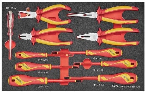 Teng Tools TEFXV11 1000 Volt Insulated Pliers Set of 11 (Side Cut, Combination, Long Nose, Wire Stripping) and Screwdriver (Flat, PH, PZ)