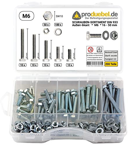 Basis Schrauben-Sortiment DIN 933 Stahl verzinkt 8.8 inkl. Mutter & Scheibe (DIN933+934+125) (M6 200 Teile)