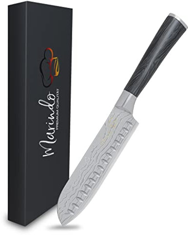 Marindo® Santoku Messer Edelstahl 17,8 cm Klinge | japanisches Küchenmesser mit Damastmesser Optik & stabilem Holzgriff | Japanisches Allzweckmesser mit Geschenkverpackung | scharf & rostfrei