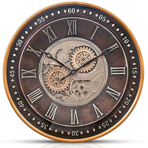 Samilito 61 cm Wanduhr mit beweglichen Zahnrädern, industrielle Steampunk-Uhr, antik-goldene römische Ziffern, leise Metalluhr für Wohnzimmer & Büro