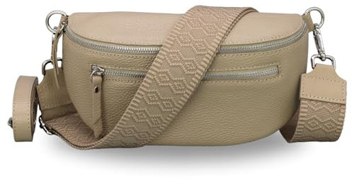 BRISE Bauchtasche Damen Echtes Leder Lucia Handgemachte Umhängetasche Crossbody Bag mit Ledergurt + Optionalen Breiten Gemusterten Riemen 3 Fächer Stylische Hüfttasche Made in Italy (Taupe - 5)