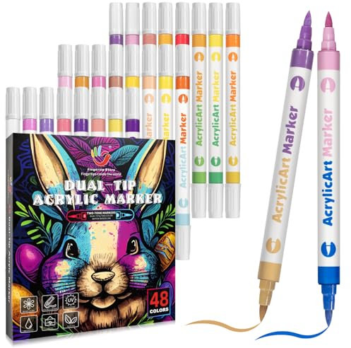 FINGERTIP STORY Acrylstifte, 48 Farben Acrylstift-Sets, 24er Pack Dual-Tip Acrylmalstifte für Steine, Glas, Keramik, Holz, Kunststoff, Kalligraphie, Kartenherstellung, Permanent Paint Pens Markers Set