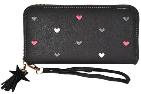 Portafoglio Donna Cerniera,Borsello Donna in Pelle PU,LUnga con Portamonete Pendent,Portafoglio Ragazza Lungo Cerniera,Piccolo Portamonete con Tanti Scomparti per Carte d'identità, Monete(Nero)