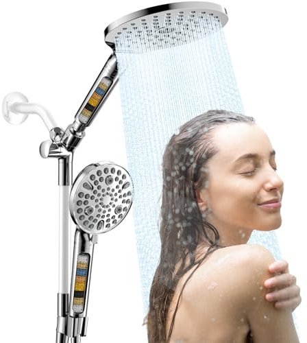 JONKEAN Duale Duschköpfe mit Handbrause Combo, 19,1 cm großer gefilterter Doppelduschkopf für hartes Wasser, 9 Modi, Wasserfall-Regenduschkopf, Hochdruck mit langem Schlauch und verstellbarer Stange