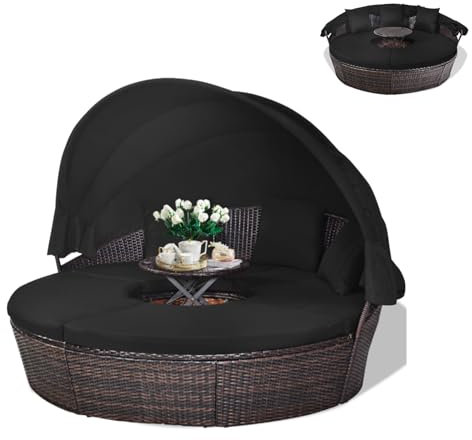GYMAX Polyrattan Sonneninsel mit faltbarem Dach, Gartenlounge mit Kissen & Couchtisch, multifunktionales Gartenmöbel, Sonnenliege für Garten & Terrasse, 192 x 177 x 146 cm (Schwarz)