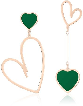 Linawe Heart Earrings for Women, Rose Gold Emerald Green Dangle Drop Earrings, Titanium Stainless Steel Hypoallergenic Dangling Earrings, Asymmetrical Mismatched Heart Jewellery