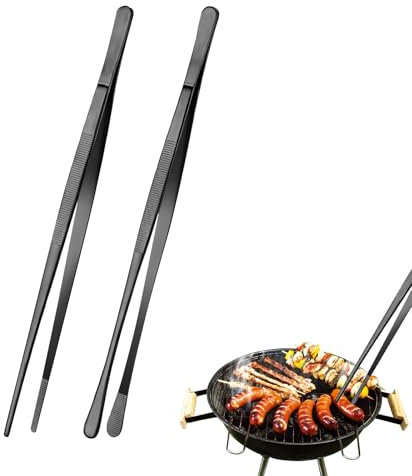 ASSRECT 2 Pcs Cooking Tweezers 25cm/10 Inch Kitchen Tweezers Tongs Stainless Steel Food Tweezers Professional Chef Tweezers Kitchen Tools for BBQ, Plating and Serving (Black)
