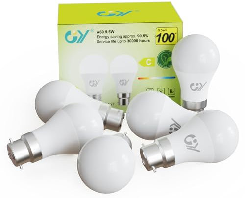 GY Bayonet Light Bulbs,B22 LED Bulbs Cool White 6500K 100W Equivalent,9.5W 1521 Lumen Ultra Energy Saving Light Bulbs,Non-dimmable,6-Pack