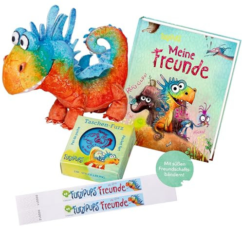 Die Spiegelburg - Set aus Plüschtier -Furzipups, Freundebuch, 2X Freundschaftsarmbänder & witzigem Taschen-Furzkissen, perfekte Geschenkidee für Kinder und Geburtstage