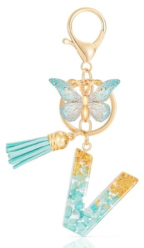 MWOOT Letter V Keychain Initiale Buchstaben-Schlüsselanhänger,Alphabet Harz Key Chain mit Schmetterling Quaste Anhänger Handtasche Geldbörse Charm,Grün Keyring für Frauen(V)