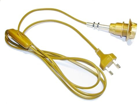 Lampenfassung E14 Set – DIY Lampenbau mit Kabel, Gewinderohr & Fassungsteilen – Goldfarben – 2 m Zuleitungskabel, Schraubring, Gewinde & Montageanleitung – Hanna's Laden