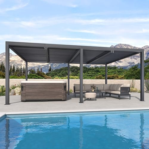 PURPLE LEAF Pergola Bioclimatique 7,39 x 3,68 m Pergola Aluminium Lames Orientables Superficie 27,19 m² Tonnelle de Jardin Exterieur Belvédères pour Patio Terrasse Exterieur, Gris