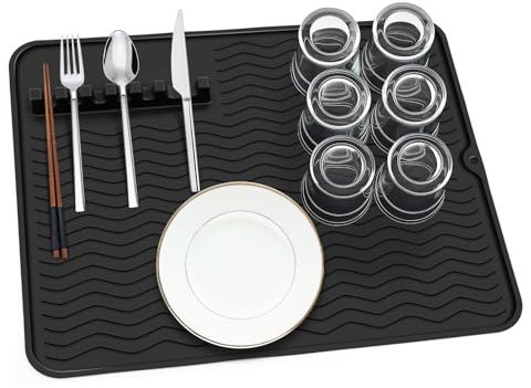 Thinkingwings Dish Drying Mats, Upgrade Draining Board Mat, Heat-Resistant Dish Draining Mat, Non-Slip Silicone Trivet, Table Mat, Pot Holder, Placemat, Spoon Rest, and Coaster (50 x 40 cm,Black)