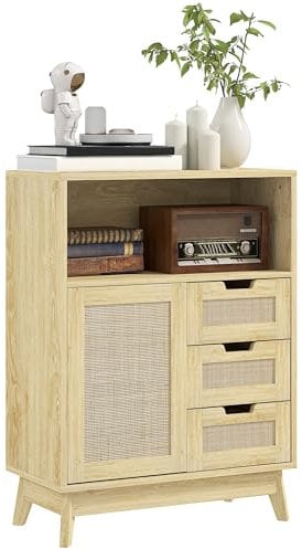HOMCOM Anrichte Aufbewahrungsmöbel mit 3 Schubladen Schrank Regal verstellbar auf drei Ebenen Anti-Rutsch-Pads für Wohnzimmer, Küche 60 x 30 x 81 cm Naturholz