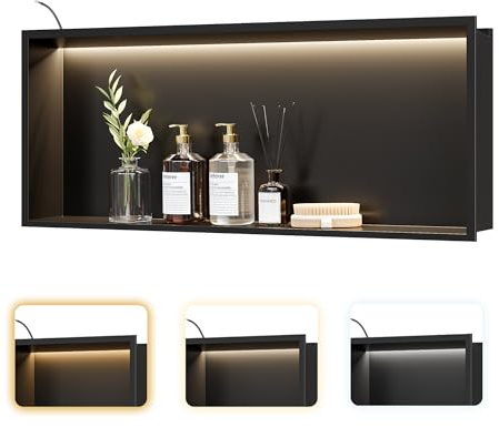 Neohomee Wandnische Dusche Edelstahl mit LED-Licht, Eingebettete Duschnische 75x30cm mit 3 Farben für Badezimmer Aufbewahrung und Dekoration, Mattschwarz