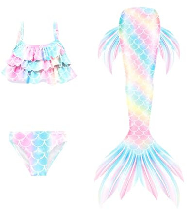 EYNMVR Fish Bikini zum Cosplay für Mädchen Schwanz kostüme für Kinder,ohne Einlagen Hart Monoflosse 3 Stück Hellblau 12-13 Jahre