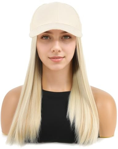 Perückenhut mit integrierter Langhaarperücke,Damen Cap mit Glattem Langhaar,Abnehmbar und Atmungsaktiv