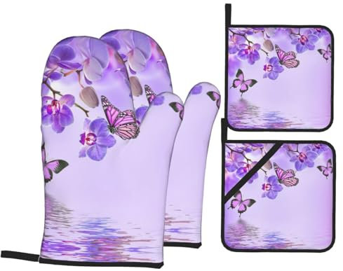 Guanti da forno resistenti al calore con stampa a farfalla viola, presine, antiscivolo, lavabili