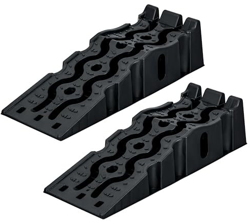 2er Set PKW Auffahrrampen Hochbelastbare Auto Rampen bis 5t Stapelbare KFZ Auffahrrampe für sicheren Halt rutschfest & robust aus HDPE Kunststoff Universalgröße für Reifen bis 32cm