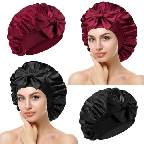 Fefod Cuffia Seta Capelli Ricci, 2PCS Regolabile Berretto da Notte Raso con Ampia Fascia Elastica, Cuffia Seta Capelli Notte, Silk Bonnet Elastico, Protezione per Capelli Lunghi/Ricci