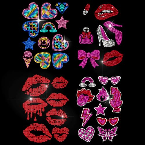 MAYJOYDIY 4 Stück Rote Lippen Zum Aufbügeln Strass Aufkleber Rosa Schönheit Hotfix Transfer Aufkleber Kristall High Heels Wärmeübertragungs Patch Für T Shirts Hüte Jacken Kleidersäcke DIY Dekor