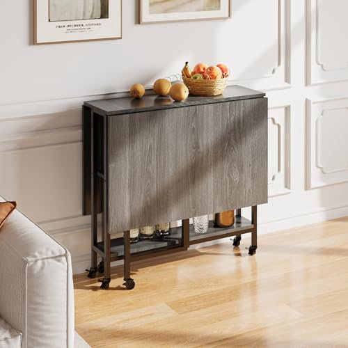 Warmiehomy Wooden Folding Dining Table with Wheels & Storage Shelves Foldable Mobile Drop Leaf Dinner Table for Apartment Kitchen Dining Room, Space Saving, 120cm(L) x 80cm(W) x 76cm(H), Grey