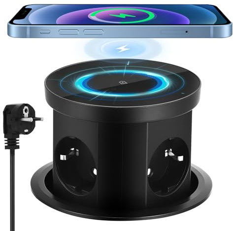 Versenkbare Steckdose, Versenkte Steckdose 3 Fach mit 1 USB C 1 USB-A, Einbausteckdose Versenkbare Tischsteckdose mit 15W Kabellosem Ladegerät für Büro Küche (Schwarz)