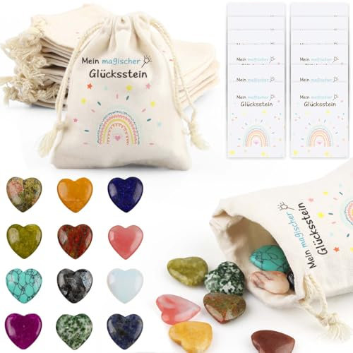12er Glückssteine für Kinder, Kindergeburtstag Mitgebsel mit Edelsteine Jutesäckchen und Magische Steine Kärtchen, Give Away für Taufe Kommunion Hochzeit oder Wichtelgeschenk, Glücksbringer Kinder (C)