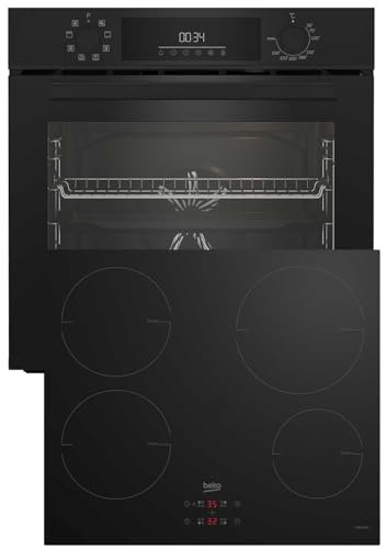 Beko BBSM11340B b300 Einbau-Backofen-Set, 2 autarke Geräte: Induktionskochfeld mit 4 Kochzonen, Backofen mit 8 Heizarten, 72 l Garraum-Volumen, Schwarz