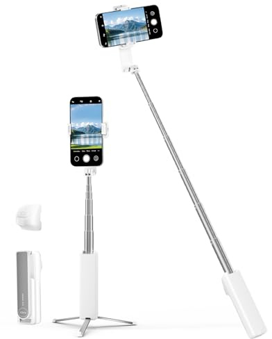 Viozon Selfie Stick Tripod, Compatible with 4~7 Phone, Telescopic Aluminum Alloy Pole, Max Length 68cm, 140g Light Weight, Detachable Wireless Remote Control, Retractable Tripod, White