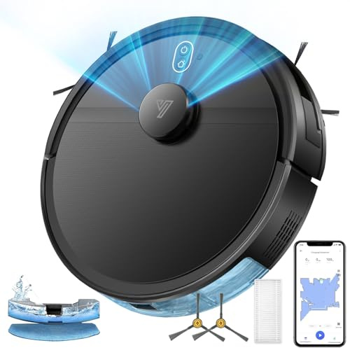 2 en 1 Robot Aspirateur Cartographie Navigation LiDAR Jusqu'à 5000 Pa | Automatique 120 Mins, Zone interdite, WiFi/App/Voix, Évitement Intelligent d'obstacles, Idéal Pour les Poils d'animaux, Noir