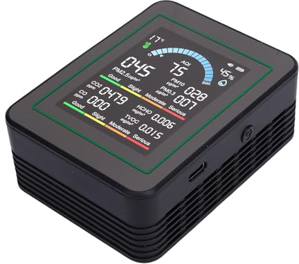 Aoresac Tragbarer 10-in-1-CO2-HCHO-TVOC-Detektor, Temperatur- und Luftfeuchtigkeitsmesser für das Heimbüro, HD-Farbbildschirm, Geeignet für Schlafzimmer, Wohnzimmer (MT13 Schwarz)