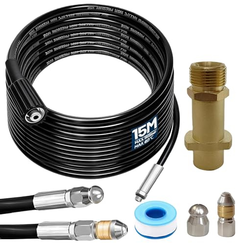 15M Rohrreinigungsschlauch Set, 180Bar 60°C Universal Rohrreinigungsset mit M22 Adapter, Düsen starr + rotierend, Rohrreinigungs Set für K2 K3 K4 K5 K6 K7 Hochdruckreiniger Hochdruckschlauch