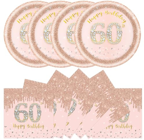 DHAIQC 50 Pcs 60th Birthday Paper Plates and Napkins Party Supplies, 7 Inch Rose Gold 60th Party Plates and Napkins Tableware Set for Women Girl Anniversary 60 th Birthday Decorations (60th)